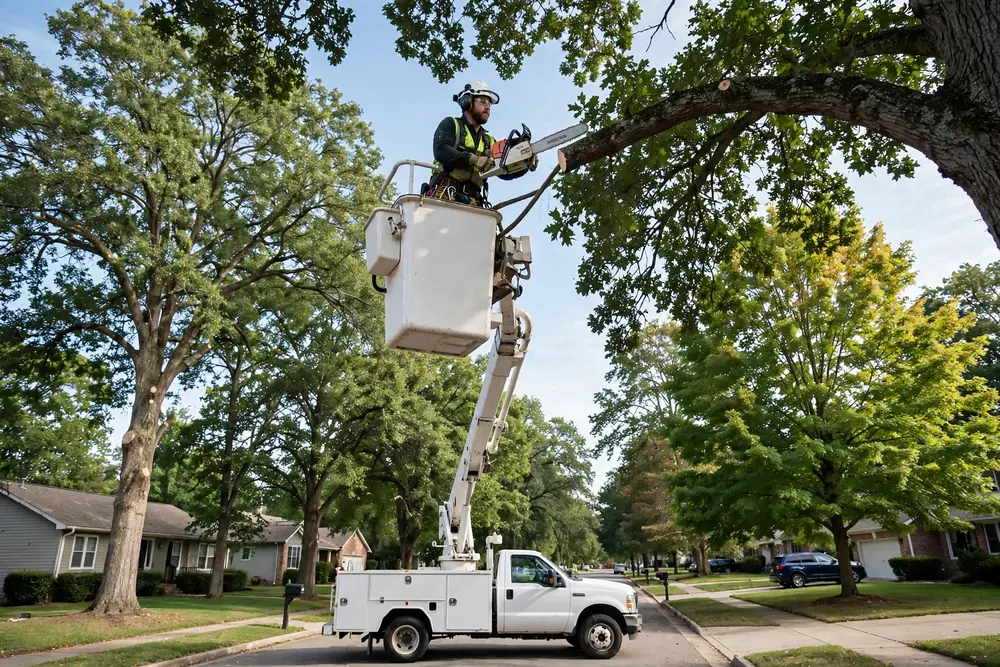 Arborist in a bucket truck trimming tall trees