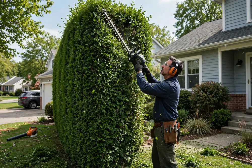 Worker trimming a tall hedge with a hedge trimmer
