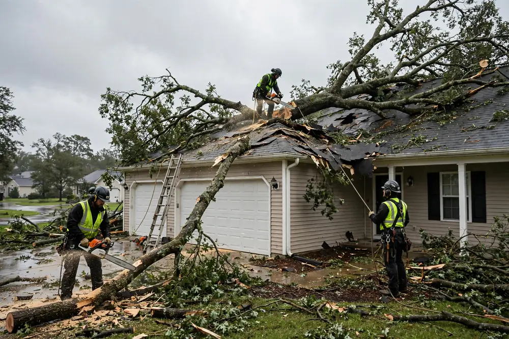 Tree crew clearing a fallen tree off a house roof after a storm