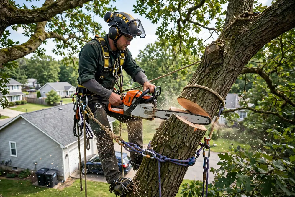 Arborist climber cutting a tree limb with a chainsaw